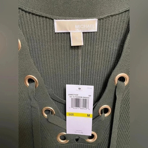 Michael Kors Knit Ribbed Short Sleeve Lace-up‎ Bodycon GREEN Mini Dress Med NWT - Picture 5 of 8